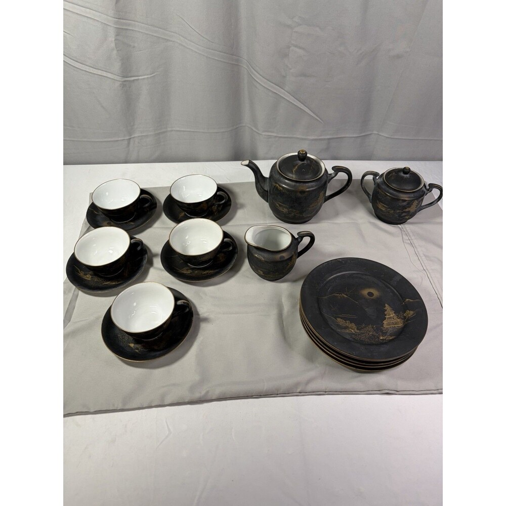Vintage Japanese Porcelain Black w/Gold Coffee/Tea set 18 pieces, Very Nice